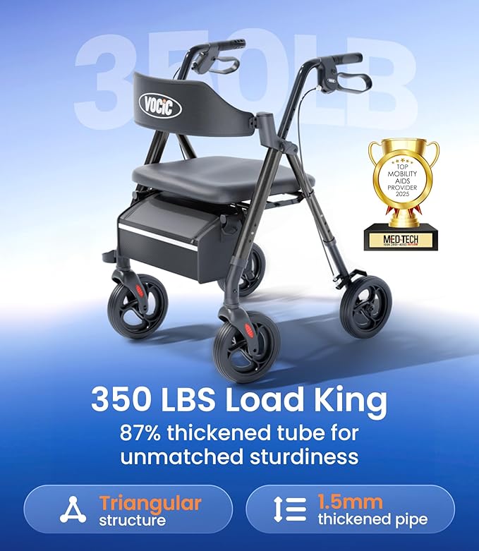 VOCIC Walkers for Seniors, Z21 Rollator Walker with Seat Supports 350lb, 8" Big Wheels for All Terrain, Ergonomic Arc Seat & 6" Ultra Backrest Foldable Walker, Dual Height Adjustment, Lightweight 2025