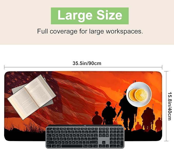 Desk Mat, XXL Extended Gaming Pad for Desktop, 35x16 Inches Patriotic Soldier Silhouette with Flag, Large Non-Slip Vegan Leather Surface Keyboard Mouse Mat for Home Office
