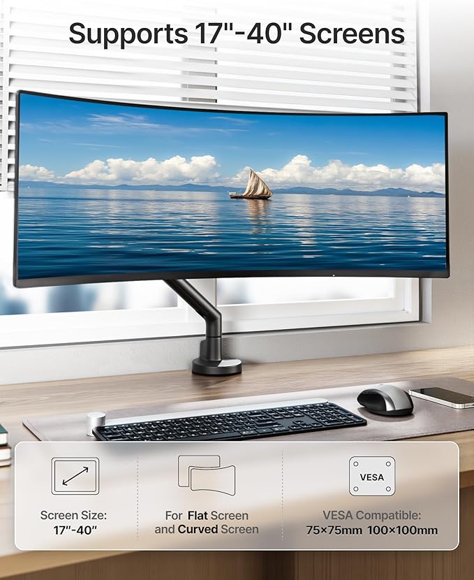 monTEK Single Monitor Arm for 17-40 Inch Screens, Heavy Duty Full Motion Monitor Mount Up to 24.3lbs, Aluminum Monitor Stand with VESA 75/100mm, C-Clamp/Grommet Base for Curved Screens