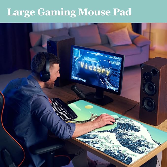 Funny Cat Desk Mat, Desk Matt for Desktop, Surfer Cat DeskPad Mat, XXL Large Mouse Pad for Desks, Anti-Slip Big Mousepad with Stitched Edges, Keyboard Mats for Computer, Work, Office, Game, Home