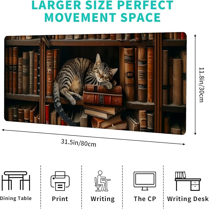 Book Gaming Mouse Pad,12x31.5in Non-Slip Rubber Adorable Cat Napping on Bookshelf Desk Mat,Large Extended Library Mousepad for Office Home Laptop,Mice Pads Gifts,Game Lover Deskmat Decor