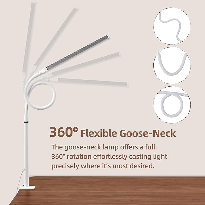 Led Desk Lamp for Home Office, Eye-Caring Desk Light with Clamp, Clip on Light for Reading, 3 Modes 10 Brightness, Flexible Goose-Neck, Memory Function, Study, Work, Draw, White
