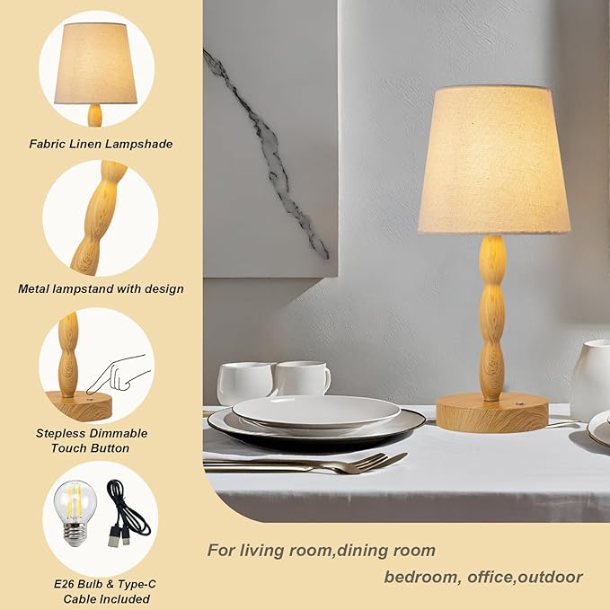 CASTLELIFE Portable Cordless Table Lamp, Touch Desk Lamp Rechargeable Battery Powered, 3-Level Brightness Stepless Dimmable Bedside Night Lamp for Bedroom/Restaurant/Bars, Bulb Included, Wood Grain