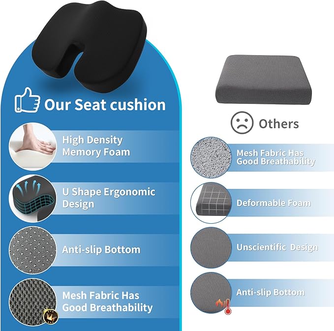 Seat Cushion & Office Chair Cushion, Lumbar Support Pillow for Office Chair, Ergonomic Memory Foam Non-Slip Office Chair Cushion, Back Support Cushion for Tailbone & Coccyx Comfort, Black