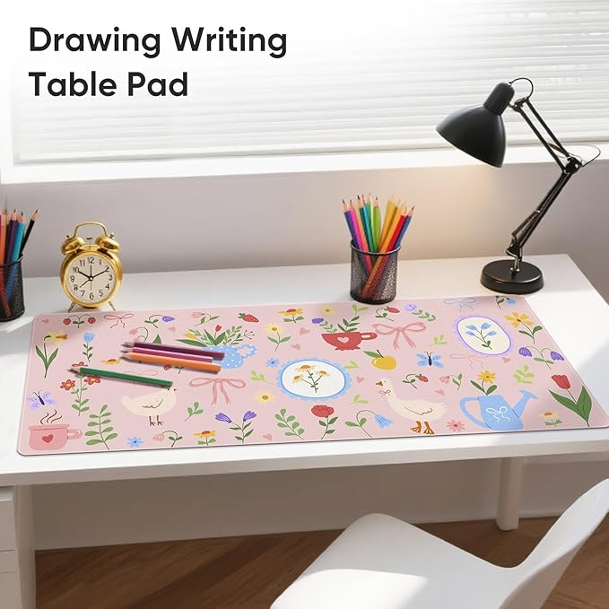 Desk Mat, Leather Desk Pad Blotter Protector, XXL Large Mouse Pad,Computer Laptop Mouse Pads for Desktop,Waterproof Writing Anti-Slip Mousepad for Office and Home I Pink Animals & Flowers