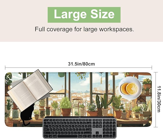 Desk Mat, XXL Extended Gaming Pad for Desktop, 31x12 Inches Cat Lover Kitty in Window with Houseplants, Large Non-Slip Vegan Leather Surface with Stitched Edges, Keyboard Mouse Mat for Home Office