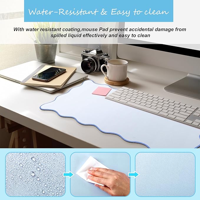 Scalloped Desk Mat Large Scalloped Piping Cute Desk Mat Aesthetic Preppy Table Pad Large Nonslip Pad with Edge Stitching Waterproof Gaming(Blue,23.62 x 13.78 Inches)