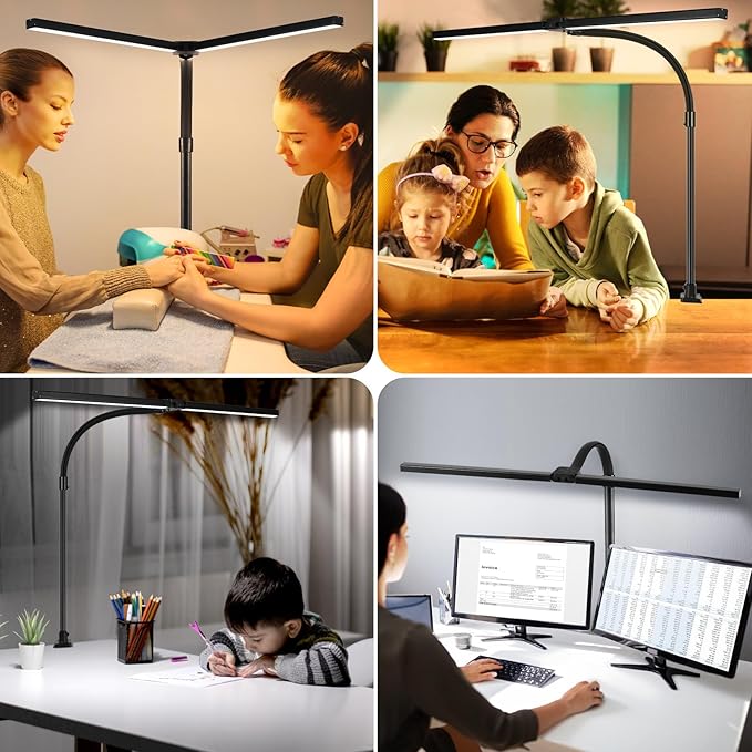 LED Desk Lamp for Office Dorm Home - Eye Caring Desk Light with Timer, Remote Control 24W Brightest Dual Screen Computer Monitor Gooseneck Dimmable Table lamp with Anti-Glare Cover Clamp & Base