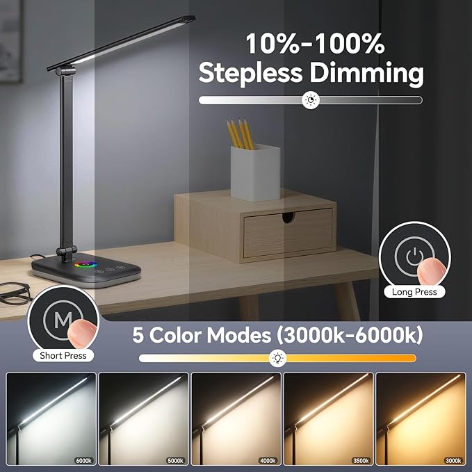 LED Desk Lamp for Office Home, 800 Lumen Bright Puzzle Light, 10%-100% Dimmable Brightness & 5 Color, Eye Caring Desk Light for Reading, Craft, Puzzl, Daily Use | USB desk lamp | 45 Min Timer | RGB