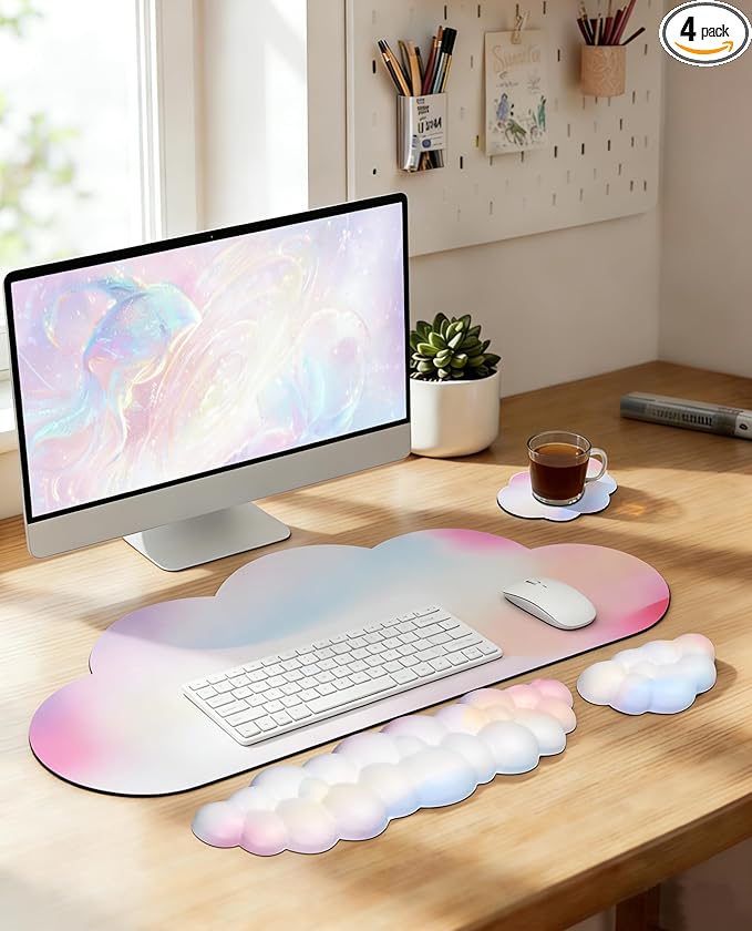 JIKIOU Large Cloud Mouse Pad Waterproof with Cloud Keyboard Wrist Pad and Cloud Mouse Wrist Pad Set, Ergonomic Computer Desk Wrist Support Mousepad for Keyboard and Mouse 35.4x15.7in Rainbow