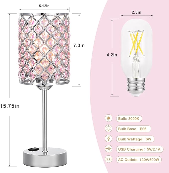 Hong-in Pink Lamps for Night Stands-Crystal Table Lamp with USB-C+A & AC Charging Ports, 3-Way Dimmable Nightstand Touch Lamp, Bedside Desk lamp for Bedroom Living Room Home Office