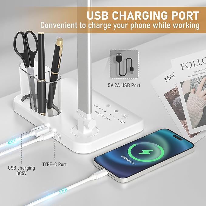 LED Desk Lamp Dimmable Table Lamp with USB Charging Port, 50 Lighting Modes, Adjustable Foldable Dual Swing Arm Architect Desk Lamp for Home Office, Eye-Caring Reading Lamp w/Pen Holder 45min Timer