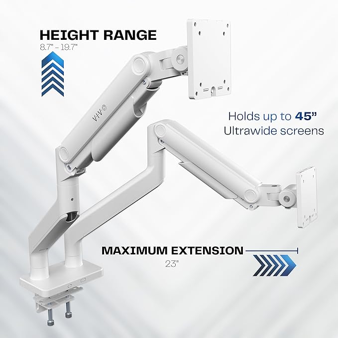VIVO Heavy Duty Dual Ultra-Wide Monitor Tension Arm, Up to 45 inch Screens, Holds 44 lbs per Arm, Premium Desk Mount Monitor Stand for 2 Ultrawides, White, STAND-V200VW