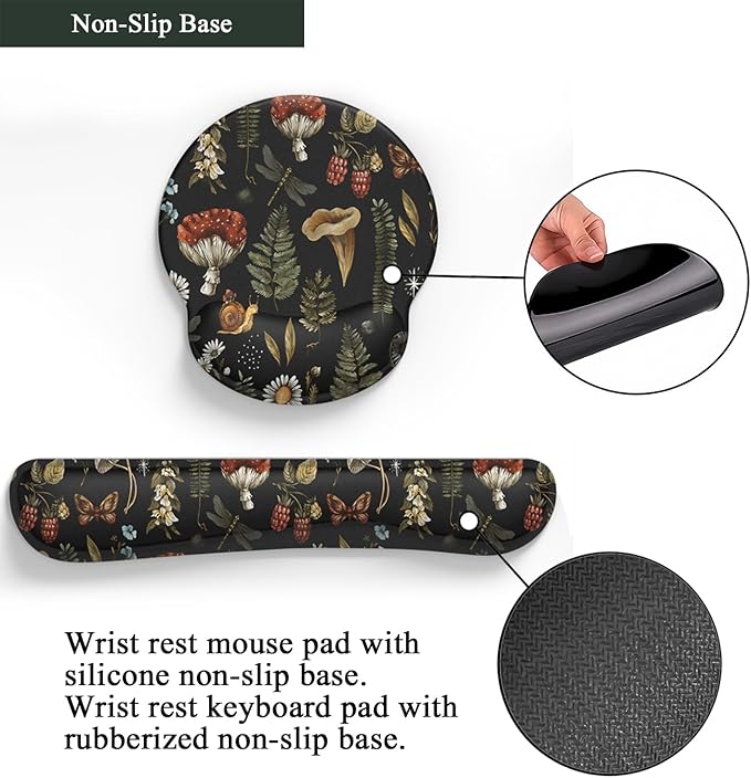Plant Mushroom Mouse Pad Black Aesthetic Ergonomic Desk Pad Wrist Support Keyboard Wrist Rest Set, Mouse Pad with Non-Slip Pu for Office Comfortable Mouse Wrist Rest for Easy Typing.