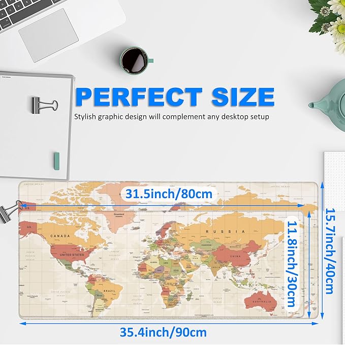 Desk Mat, Yellow Vintage World Map Extended Gaming Mouse Pad Large, 31.5"x11.8" Big Mouse Pad with Non-Slip Base and Stitched Edge, Long Computer Keyboard Mouse Mat for Home Office Work