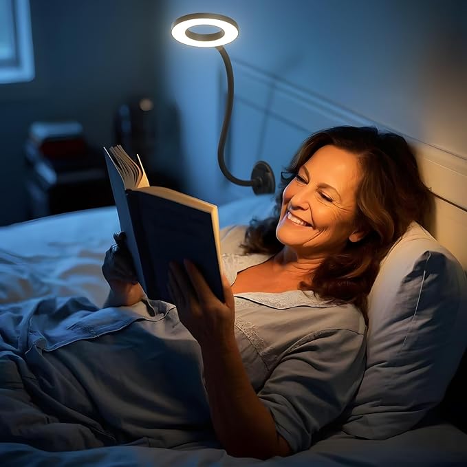 Wall Mounted Lamp, Reading Light for Book in Bed at Night, Shadowless LED Lamp for Workbench Bedroom Bedside Headboard, Eye Care 5 Color & Brightness Adjustable, 360 Flexible Gooseneck, Black