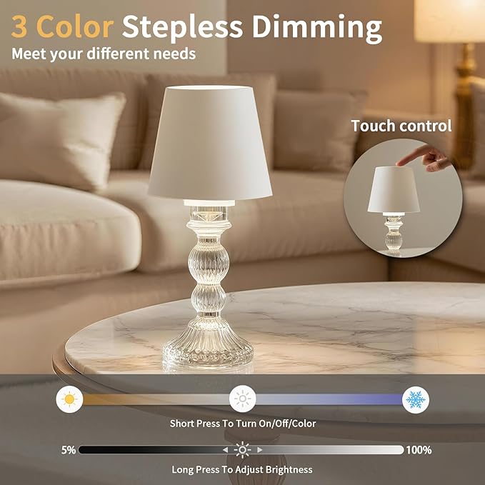 MJ PREMIER Cordless Table Lamp, Small Rechargeable Lamp with Touch Control, 9.5" H, 3 Color Stepless Dimming Battery Operated Lamps for Bedroom/Living Room/Bathroom/Kitchen/Corner/Entryway (White)