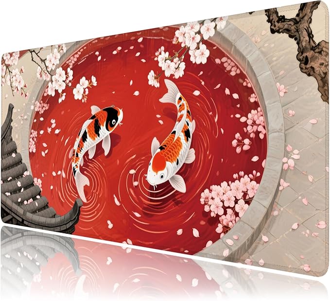 Desk Mat, Japanese Koi Fish XXL 35.4"x15.7"Large Gaming Mouse Pad, 3mm Thick Gaming Keyboard Pad,Desk Pad Non-Slip Rubber Base with Stitched Edges for Office Game Home Decor
