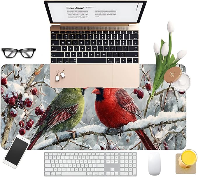 Christmas Bird Extended Gaming Mouse Pad 31.5x11.8inches Large Desk Mat Anti-Slip Rubber Base & Durable Stitched Edges for Gamers Smooth Mouse Writing Surface for Desk Office/Home