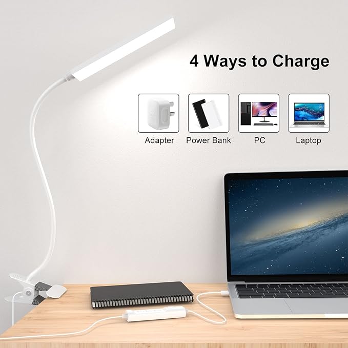 Vansuny Clip on Light LED Desk Lamp with Eye-Caring LED Metal Clip, 11 Level Brightness 3 Color Modes, Power by USB Port 5W Adjustable Neck Reading Light for Home and Office (5W, White)