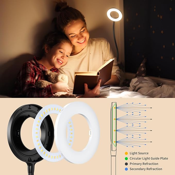 Wall Mounted Lamp, Reading Light for Book in Bed at Night, Shadowless LED Lamp for Workbench Bedroom Bedside Headboard, Eye Care 5 Color & Brightness Adjustable, 360 Flexible Gooseneck, Black