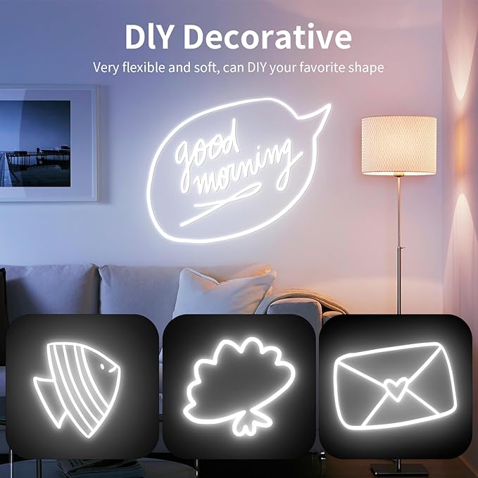 2M Neon Strip Light, 5V White USB Powered Rope Lights, 360 ° Bending Dimmable Waterproof Rope Lights for Bedroom, Kitchen, TV Backlight, Cupboard, Mirror, Ceiling, Walls, Cupboard, Indoor DIY Lighting
