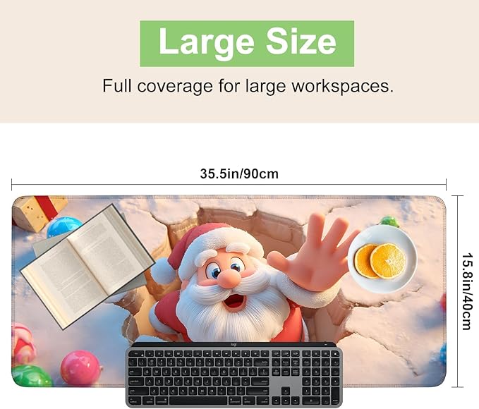 Desk Mat, XXL Extended Gaming Pad for Desktop, 35x16 Inches Santa Breaking Through Wall, Large Non-Slip Vegan Leather Surface with Stitched Edges, Keyboard Mouse Mat for Home Office