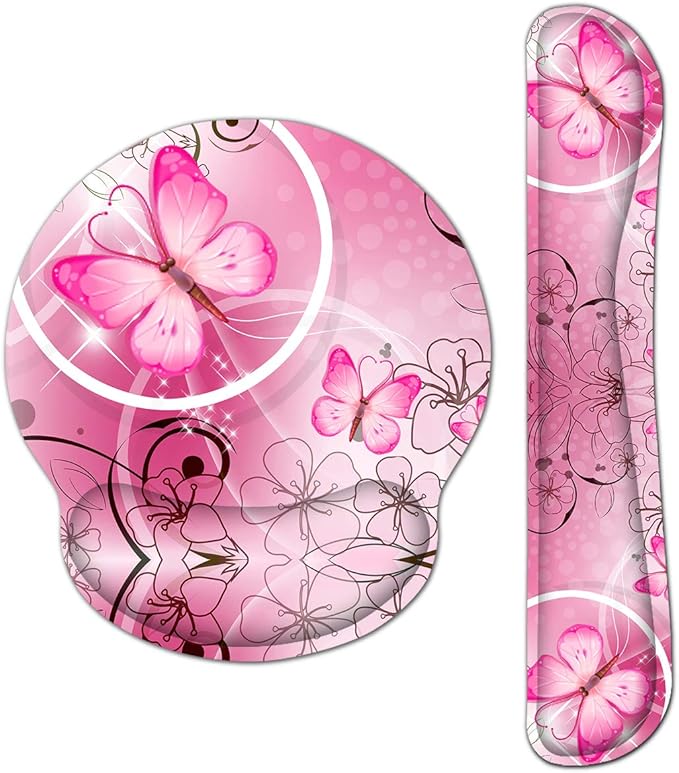 RICHEN Keyboard Wrist Rest and Mouse Pad with Wrist Support, Memory Foam Set for Gaming and Office, Comfortable & Lightweight for Easy Typing (Pink Butterfly)