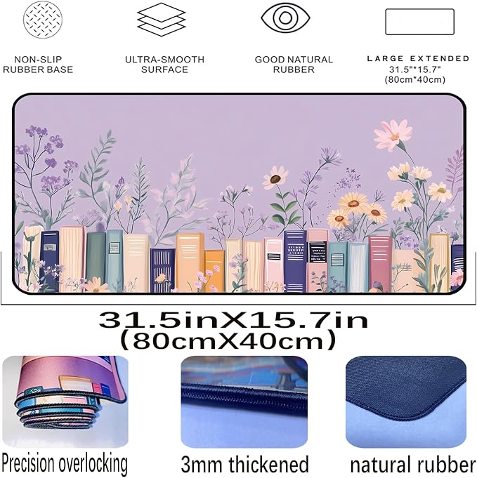 Purple Book Desk Pad Mat XXL, Lavender Flower Large Mousepad, Game Desk Mat, Extended Laptop Keyboard Mats, Cute Desktop Protection Pad, Women's Home Office Desk Decoration 31.5"X15.7"