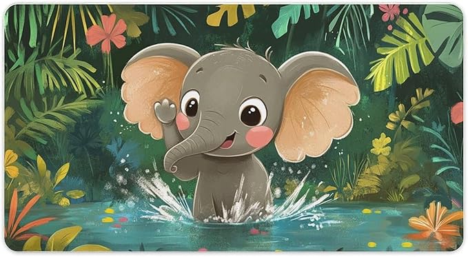 Large Ergonomic Gaming Mouse Pad Playful Baby Elephant - Fun Safari Animal Theme with Non-Slip Base Water-Resistant Surface and Stitched Edges 40X75cm