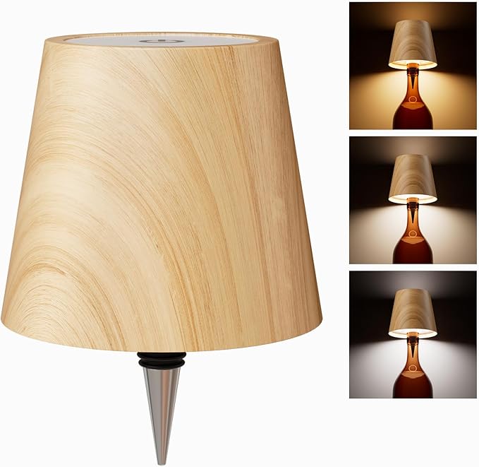Wireless Bottle Lamp, Wireless Bottle Lamp Shade with 3 Color Temperature, Rechargeable Stepless Dimming LED Wine Bottle Lights for Any Bottle, Desk Lamp for Bedroom Restaurant Bar (Log Color)