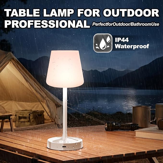 Small Shower Lamp Waterproof: Table Lamp with 4000mAH Battery - Rechargeable 3 Dimmable Cordless LED Lamp for Desk Bedroom Living Room Bathroom - White Touch Light for Parents Kids