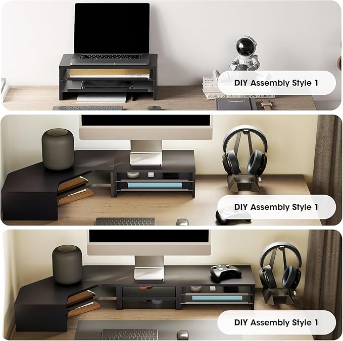 Fenge Monitor Stand, 3-Tier Monitor Riser with Slide-Out Tray, Wooden and Metal Desktop Organizer for Home Office, Computer, Laptop, Printer, Telephone