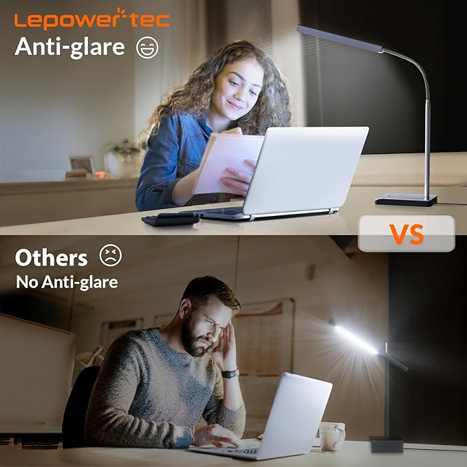 LEPOWER-TEC LED Desk Lamp, 12W Reading Desk Lamp for Office Home with 60 Lighting Modes, Touch Control & Timer Function, 750LM Bright Eye-Caring Gooseneck Desk Light Table Lamp for Study, Work, Silver
