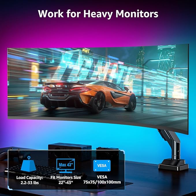 MOUNTUP Ultrawide Monitor Arm for 22-43 inch Curved Screen, Holds 2.2 to 33 lbs, Heavy Duty Monitor Desk Mount, Adjustable Full Motion Arm, Computer Monitors Stand for Desk, VESA Mount