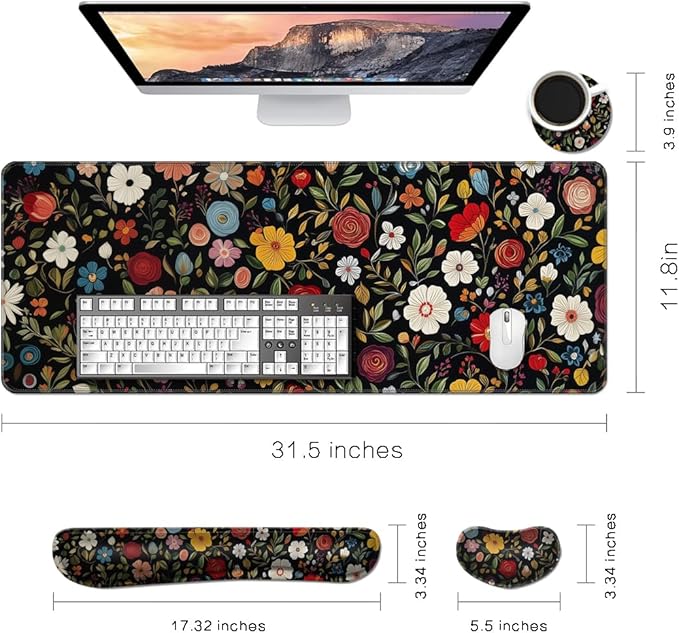 MIBITRI Keyboard Mouse Pad Set, Extended Gaming Mouse Pad+Ergonomics Keyboard Wrist Rest Support, Memory Foam, Easy Typing, 4Pcs XXL Ultra Thick Desk Mat, Red Florals