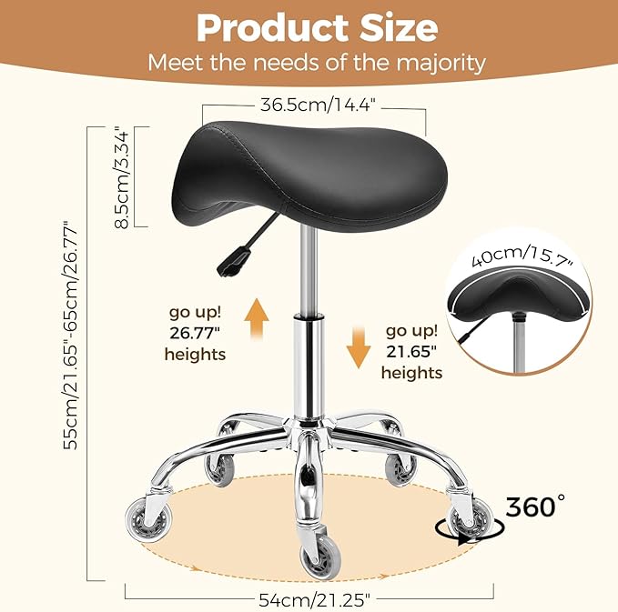 BEWISHOME Ergonomic Rolling Saddle Stool, Height-Adjustable Rolling 360° Swivel Saddle Stool Chair with Thickened Saddle Seat Padding, for Salons, Spas, Office, Black BMD02B