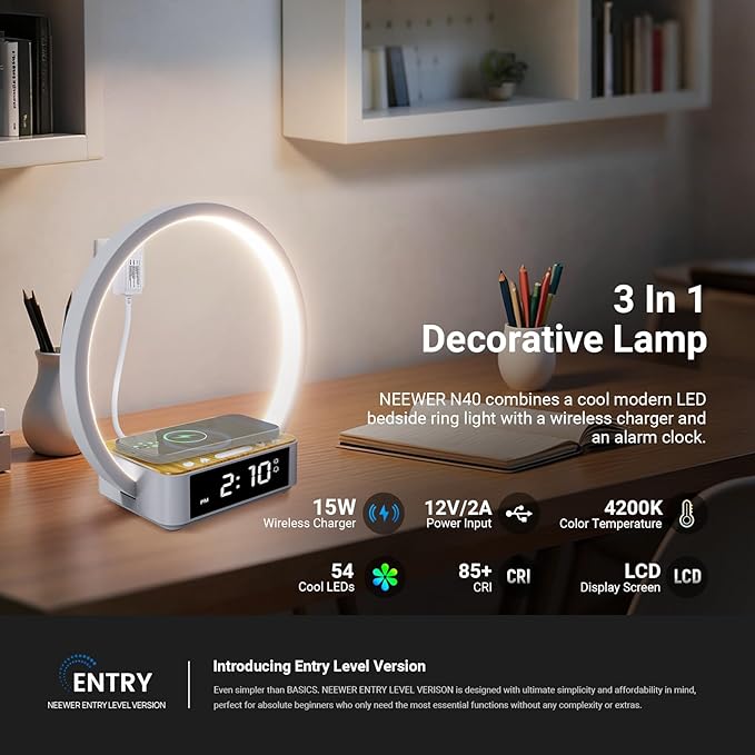 NEEWER Entry Level Version Bedside Lamp with 15W Wireless Charging Compatible with iPhone AirPods, Sunrise Alarm Clock, Dimmable Desktop LED Touch Ring Light for Bedroom Nightstand Reading, N40