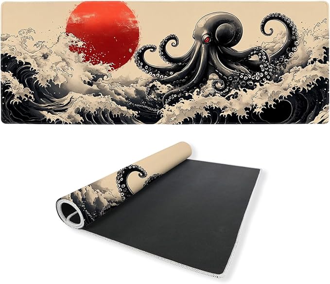 Octopus Gaming Mouse Pad Large Desk Mat Waves Japanese Ink Sea Monster Mousepad Computer Keyboard Pad Mouse Mat Laptop Mat 31.5 x 11.8 Mouse Pads for Desk Home Office Gaming