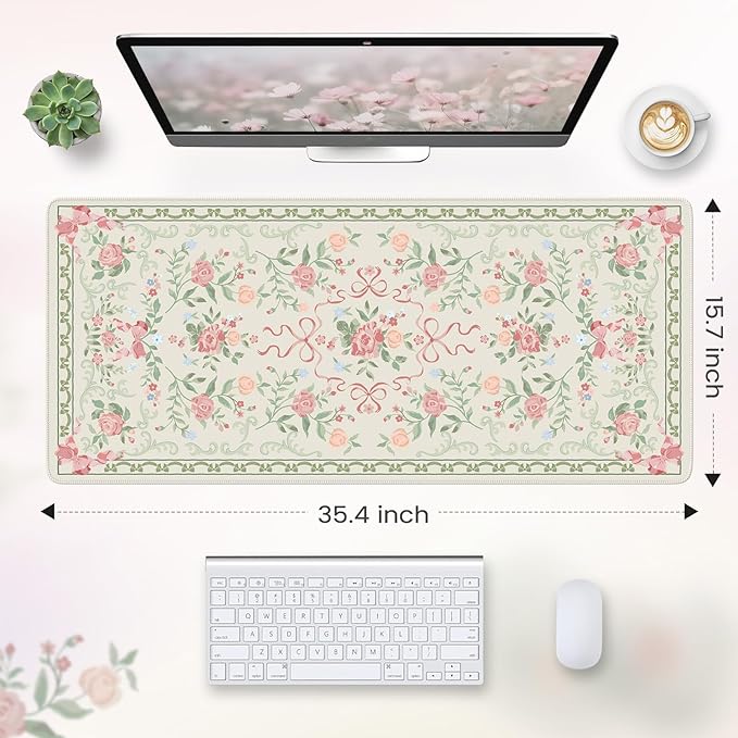 HAOCOO Cute Floral Desk Mat, Green Mouse Pad, Waterproof Desk Matt for Desktop, 35.4" x 15.7" Non-Slip Desk Mouse Pad, Keyboard Mat with Stitched Edge, Desk Pad Mat for Office, Home