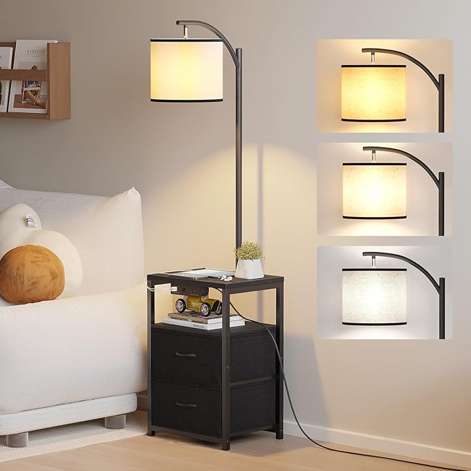 SUNMORY Floor Lamp with Table & 2 Drawers, Lamp with USB Port and Outlet, Lamps for Nightstand with 3 Color Temperature Led Bulb Included, Floor Lamps for Living Room, Bedroom and Home Office, Black