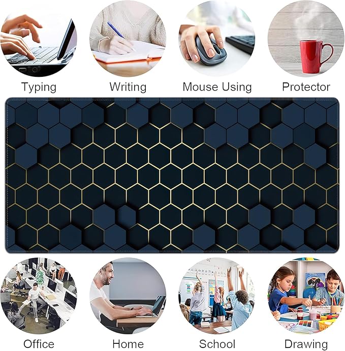 Desk Mat, Hexagon Gold Honeycomb XXL 35.4"x15.7"Large Gaming Mouse Pad, 3mm Thick Gaming Keyboard Pad,Desk Pad Non-Slip Rubber Base with Stitched Edges for Office Game Home Decor