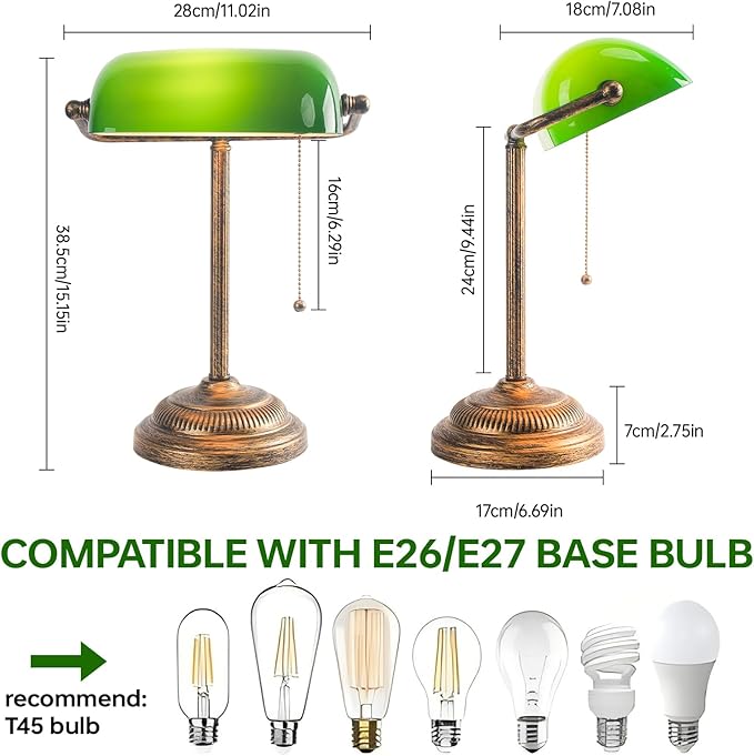 FIRVRE Bankers Desk Lamp with Pull Chain Switch, Green Glass Shade Desk Lamps, E26 Bronze Base, Vintage Library Lamp for Office, Study Room