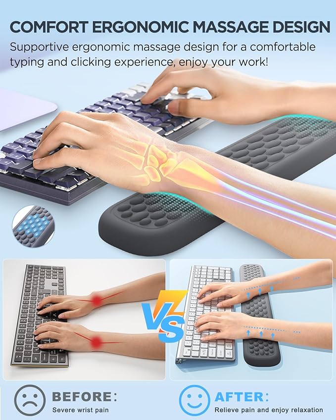 Lekvey Ergonomic Keyboard Wrist Rest, Silky Memory Foam with Massage Points Carpal Tunnel Support Wrist Pad Set for Office/Gaming, Typing Comfort, Gray-Black Gradient