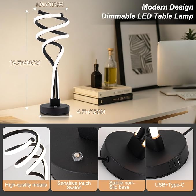 ElDISUNY Modern LED Table Lamp, 3 Color Temperatures,Touch Control Curve Dimmable Bedside Table Lamps with USB Ports, Touch Control LED Nightstand Lamp, Desk Lamp for Living Room, Bedroom -Black