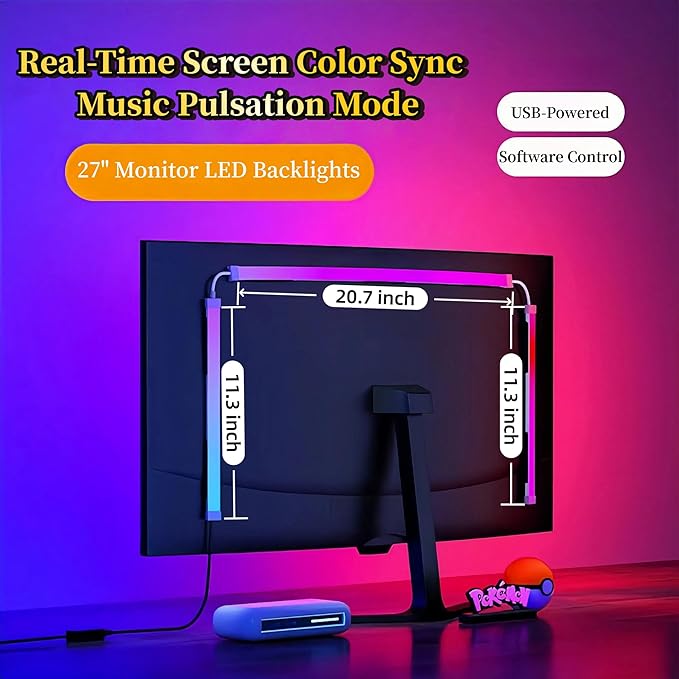 27 Inch Monitor Backlight - Immersive LED Strip with Screen Mirror Sync - PC and Mac Software Control - Gaming Setup Desktop Lights - 16M Colors Chasing Effects (27 inch)