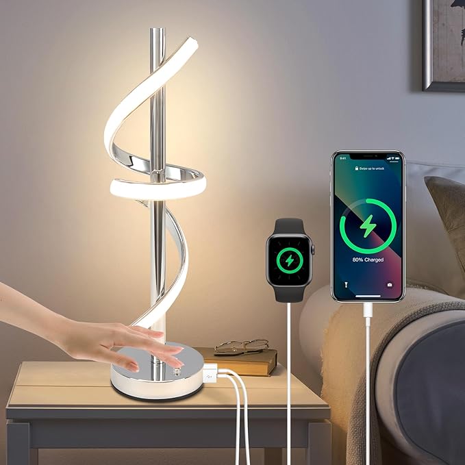 LED Modern Table Lamp, Spiral LED Table Lamp, Dimmable, 3 Colors Touch Control, Silver Unique Cool Lamps for Home Decor, Modern Nightstand Lamp with USB/Type C for Bedroom Living Room