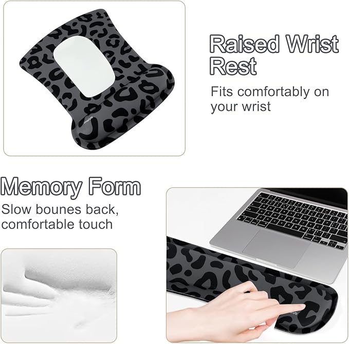 MOSISO Wrist Rest Support for Mouse Pad&Keyboard Set, Ergonomic Large Leopard Grain Desk Mat&Coaster Set, Non-Slip Mousepad&Easy Typing Cushion with Memory Foam for Home Office, Black
