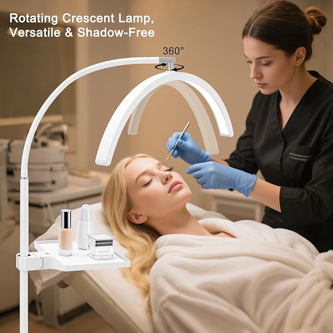 Half Moon LED Floor Light with Tool Tray for Lash Techs, Eyelash Extensions, Estheticians, Skincare, Nail Art, Tattoo Artists, Home & Office - Professional Shadow-Free Lamp | Dimmable (White)