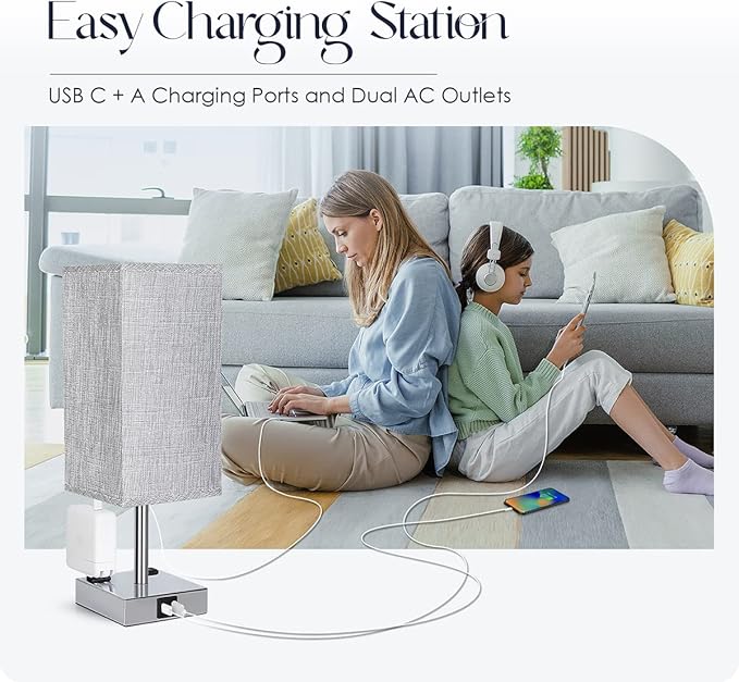 Soilsiu Bedside Lamp with USB Ports - Touch Control Table Lamp for Bedroom with USB C+A Charging Ports & AC Outlets, 3 Way Dimmable Nightstand Light for Living Room (LED Bulb Included, Chrome - Grey)